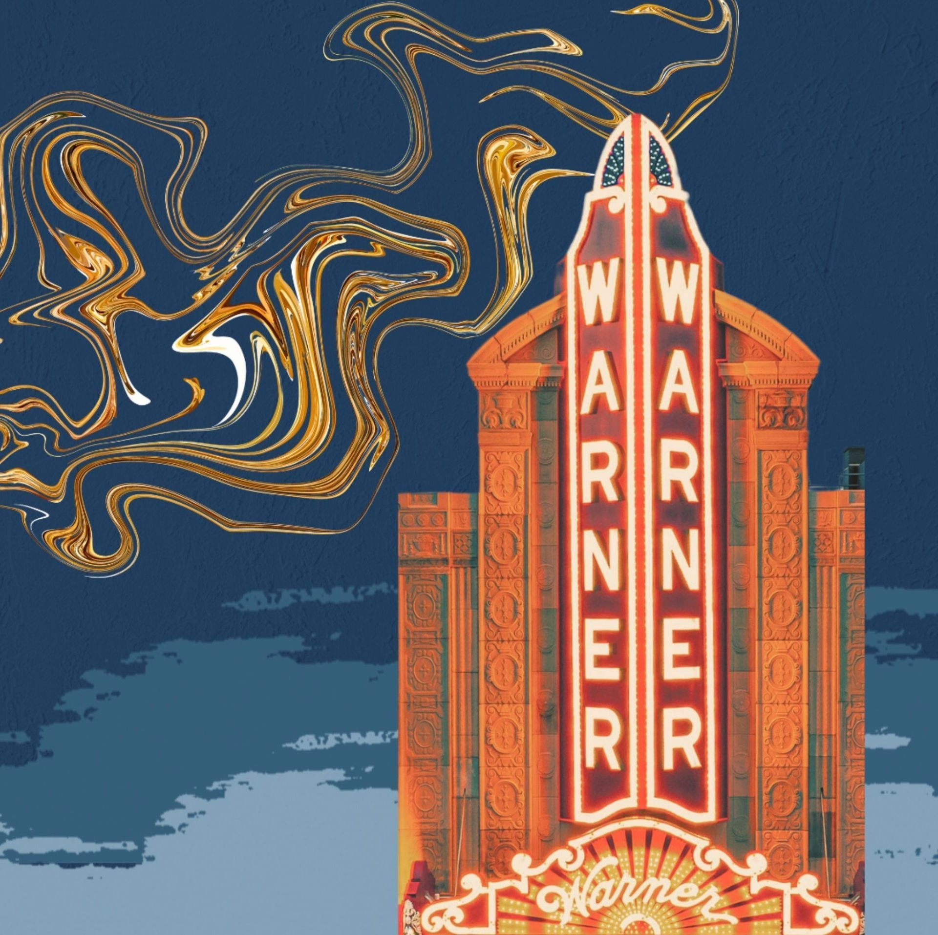 Warner Theatre, glowing marquee, against a swirling gold and blue sky.