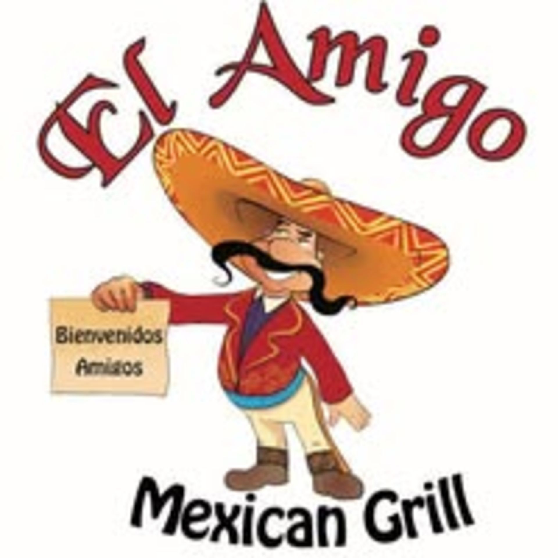 El Amigo Mexican Grill logo with a cartoon character holding a sign that reads 