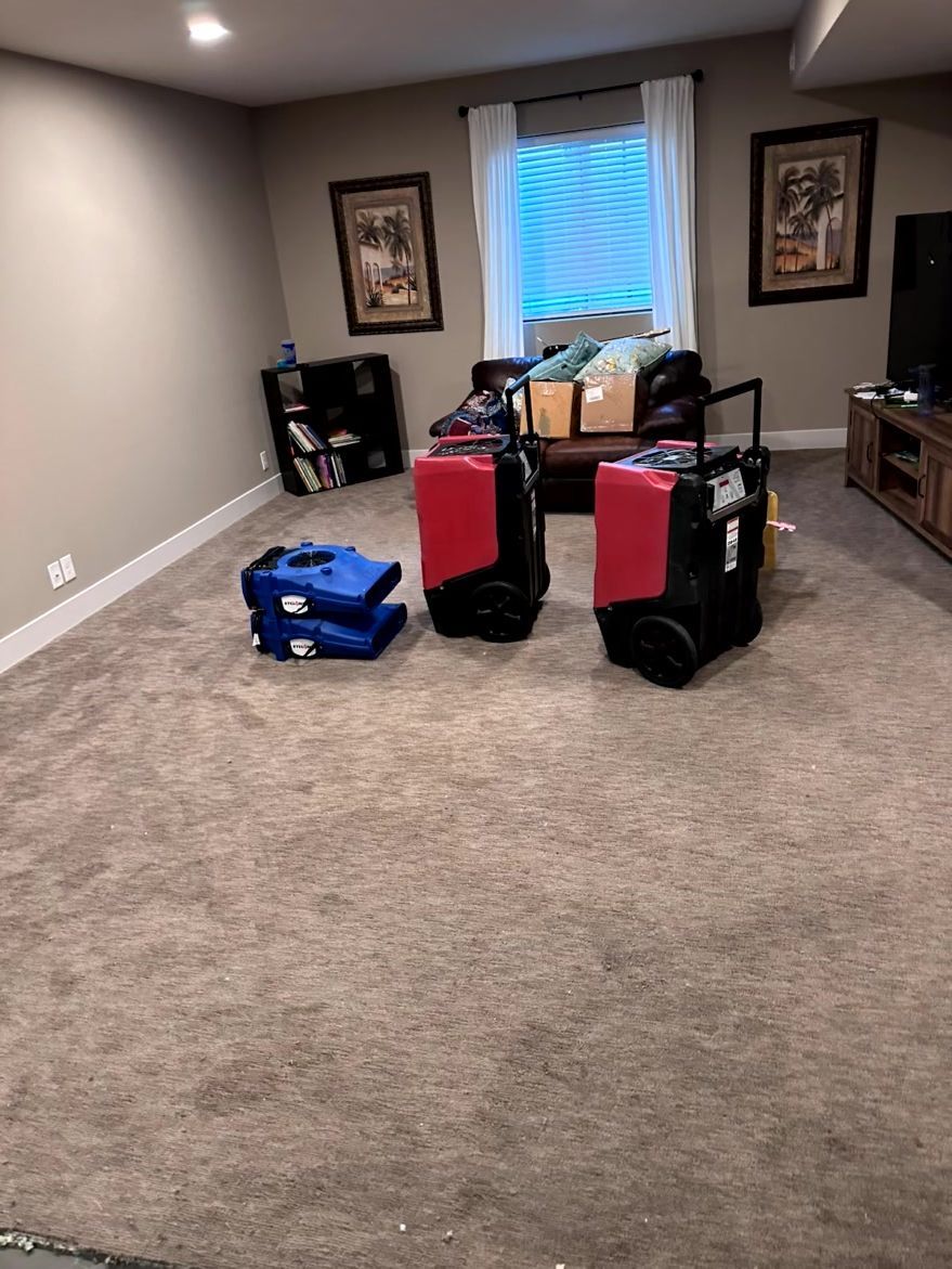 Two red commercial dehumidifiers and a blue floor air mover sit on a carpeted floor during a room restoration project.