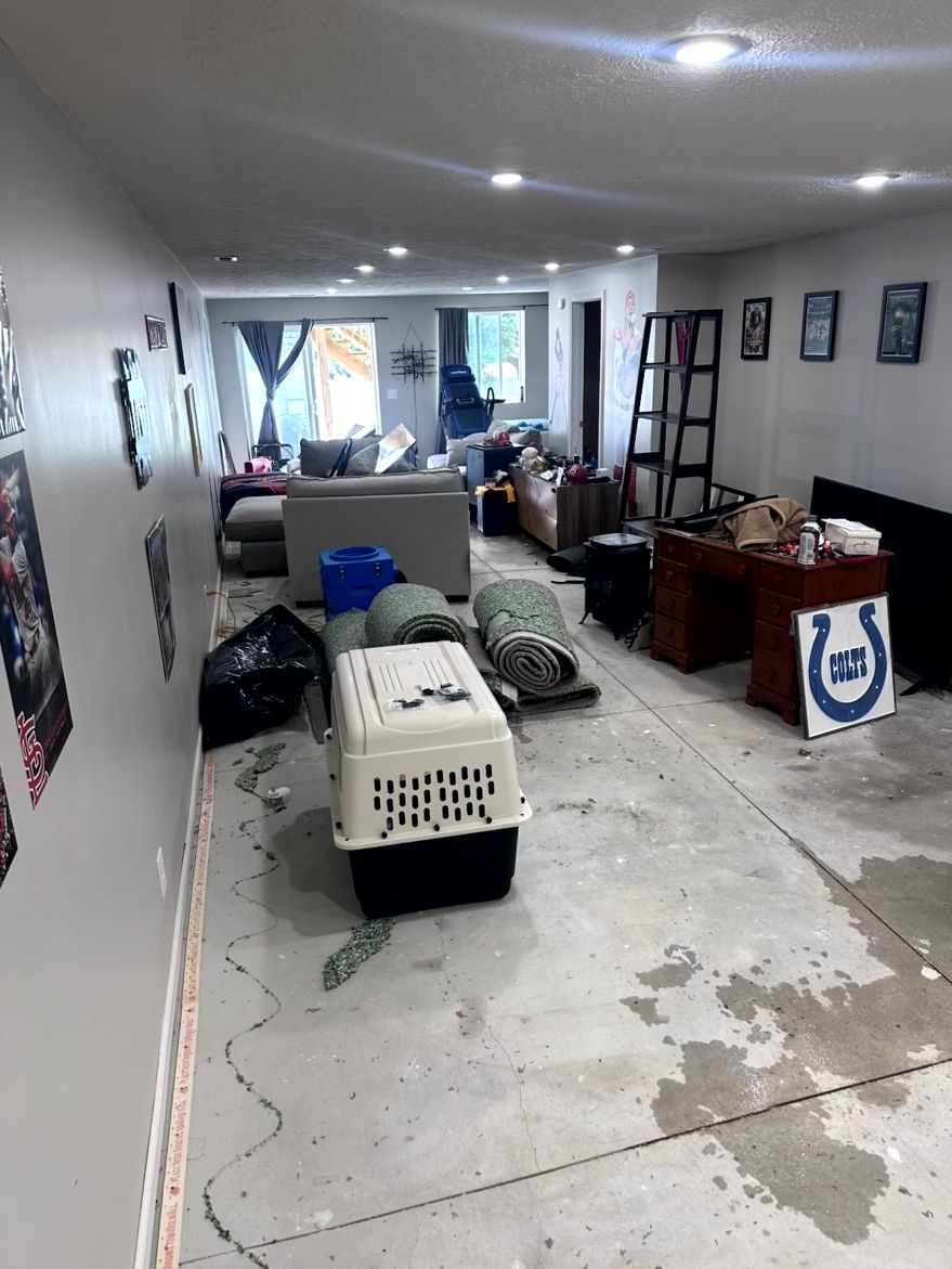 A basement space under construction with an exposed concrete floor, a pet crate, furniture, and a Colts sign.