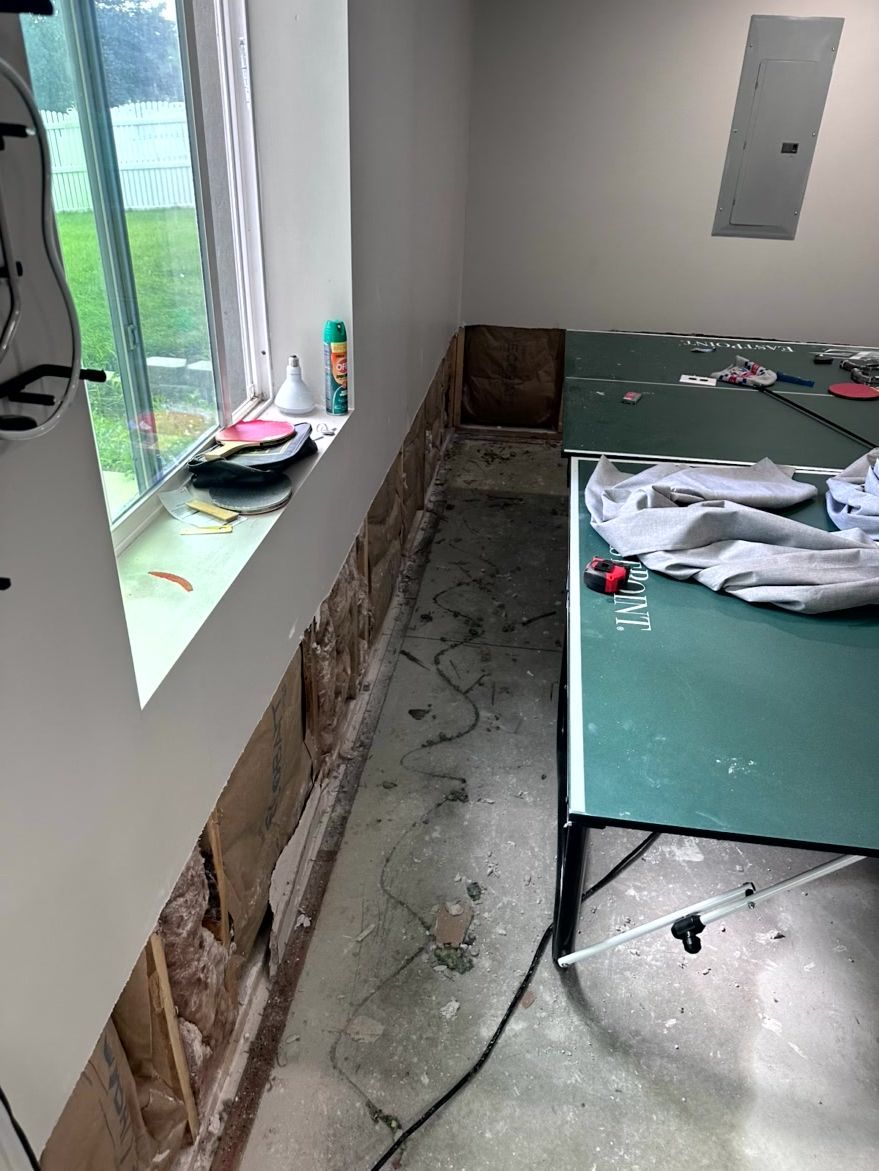 An unfinished basement room with exposed wall studs, a ping-pong table, and a window overlooking a yard.
