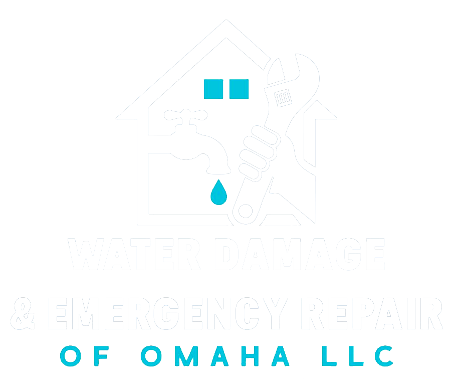Logo for Plumbing & Emergency Repair of Omaha LLC featuring a white house outline, a blue faucet, and a wrench.