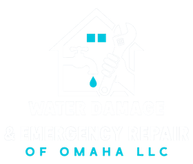 Logo for Plumbing & Emergency Repair of Omaha LLC featuring a white house outline, a blue faucet, and a wrench.