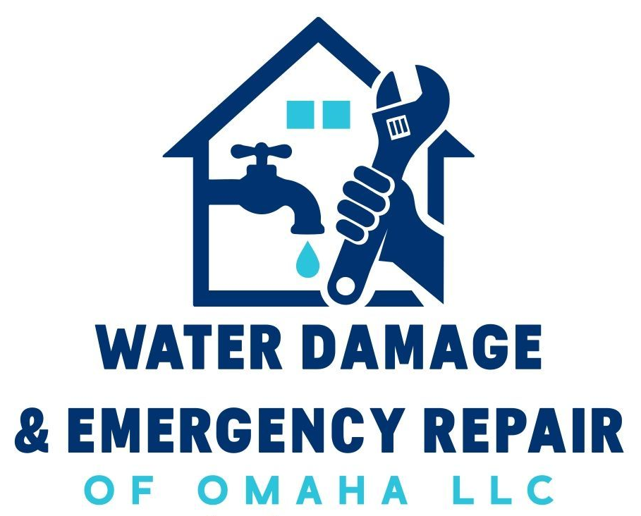 Logo for Water Damage & Emergency Repair of Omaha LLC featuring a house outline, a faucet, and a hand holding a wrench.