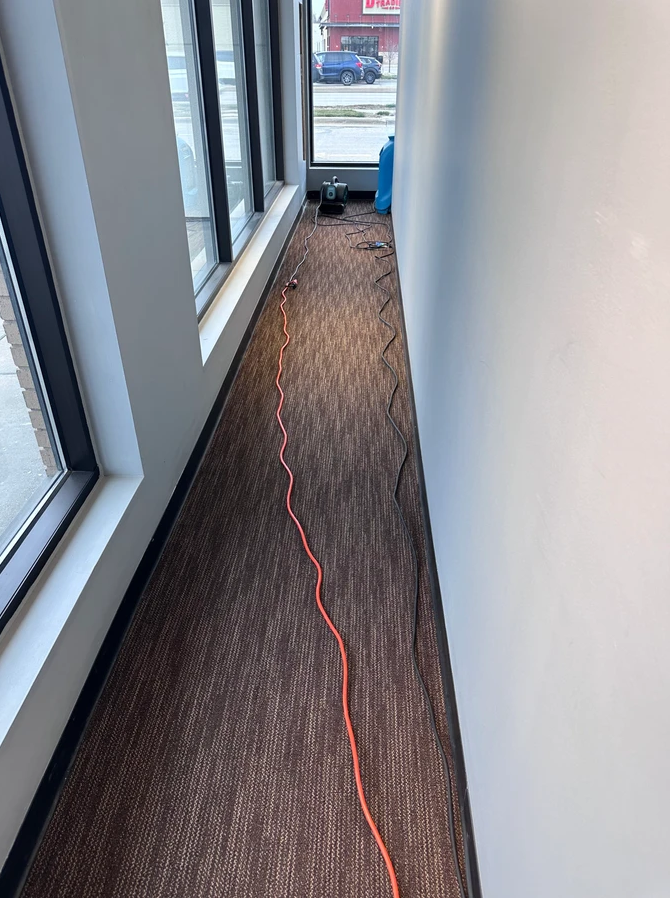 A narrow office hallway with carpeted flooring, large windows on the left, a plain white wall, and an orange extension cord.