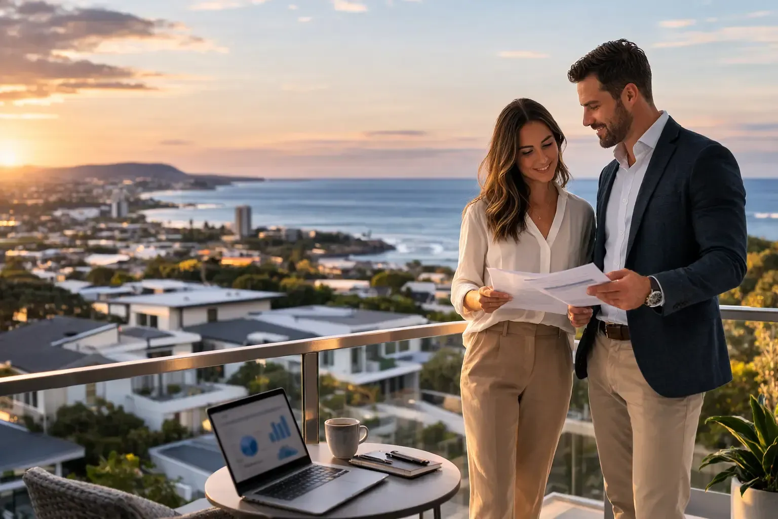 High-income earner couple reviewing home loan documents on a balcony above Wollongong homes