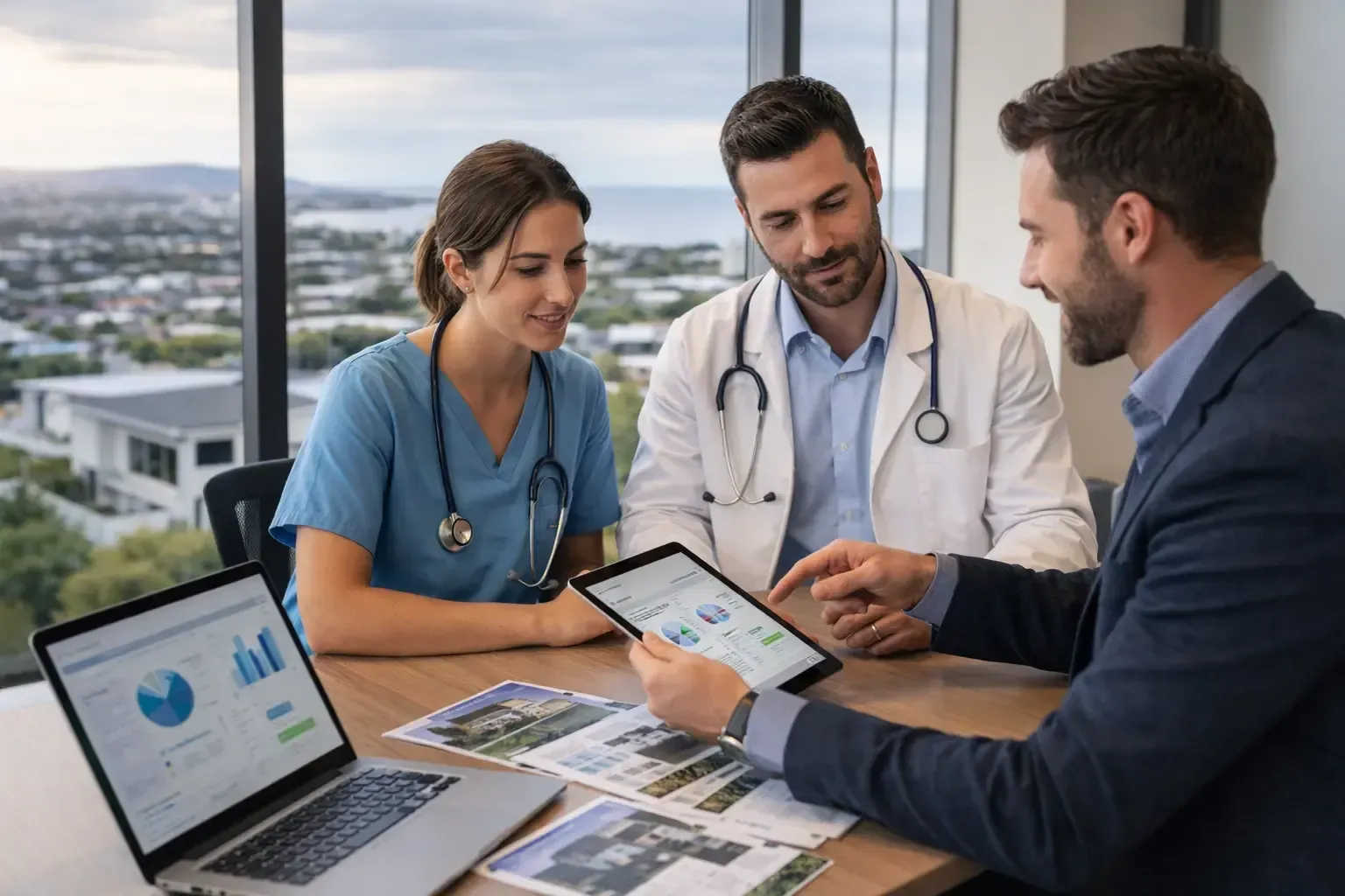 Healthcare professionals with a broker in Wollongong NSW reviewing home loan documents on a tablet