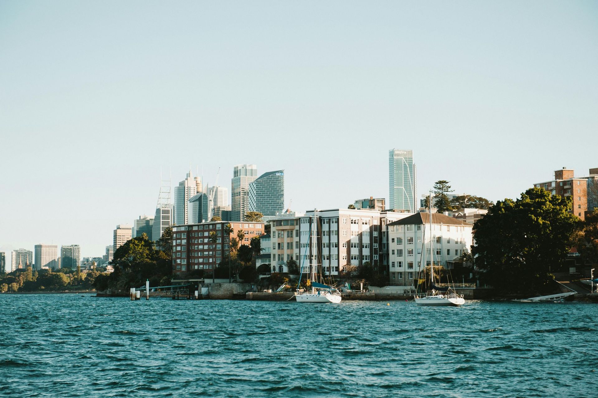 A view of skyscrapers from the harbor.