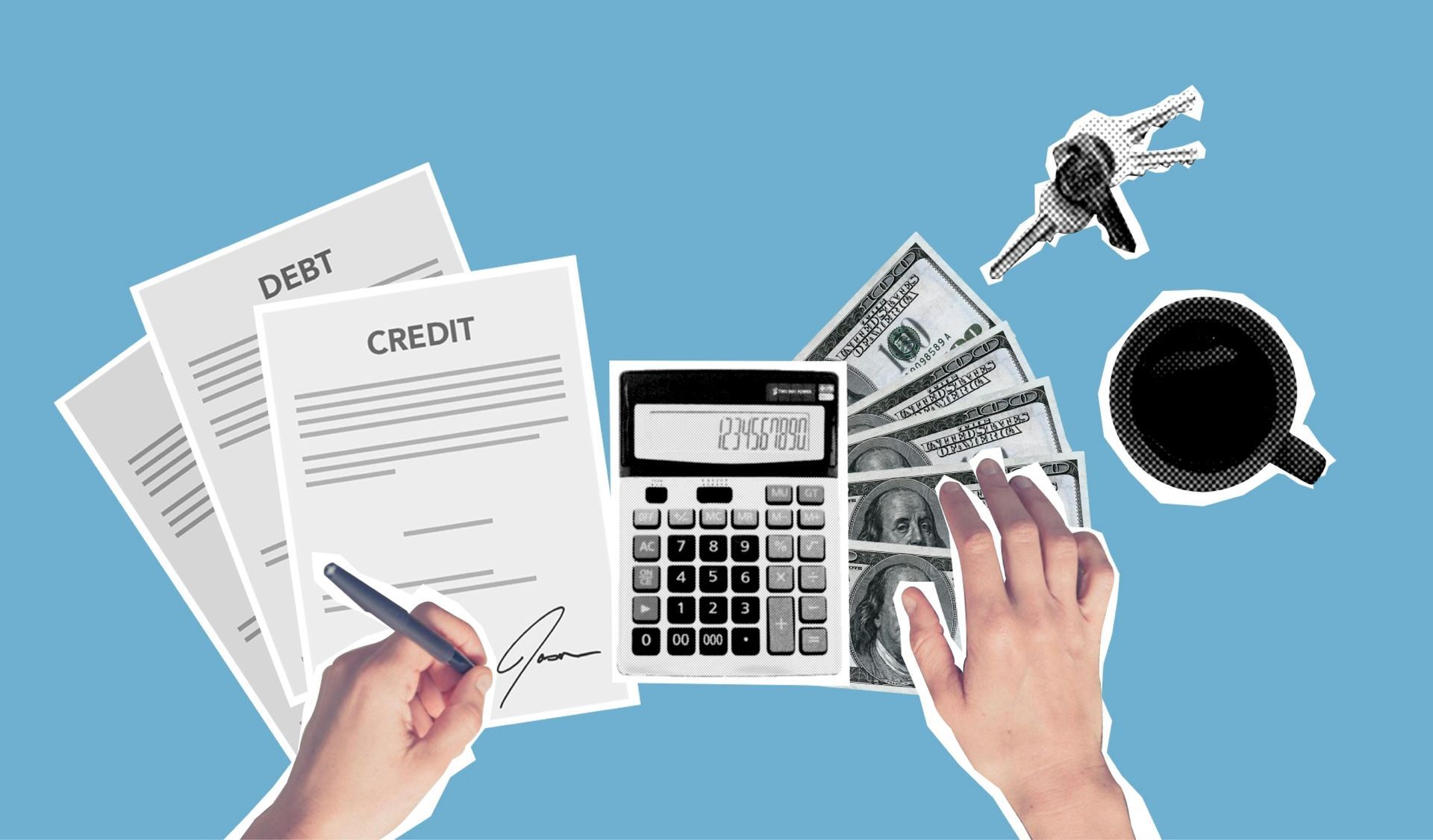 Hands with calculator and pen over bills, credit card papers, and coffee on blue background