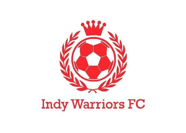 The logo for the indy warriors fc shows a soccer ball with a crown on top