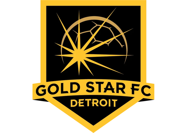 A logo for gold star fc detroit with a soccer ball on it