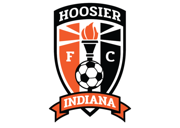 A logo for hoosier fc indiana with a soccer ball