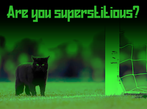 A black cat is standing in front of a goal with the words 