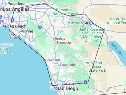 Map of Southern California, highlighted area including Los Angeles, San Diego, and Palm Springs. Map of Southern California, highlighted area including Los Angeles, San Diego, and Palm Springs.