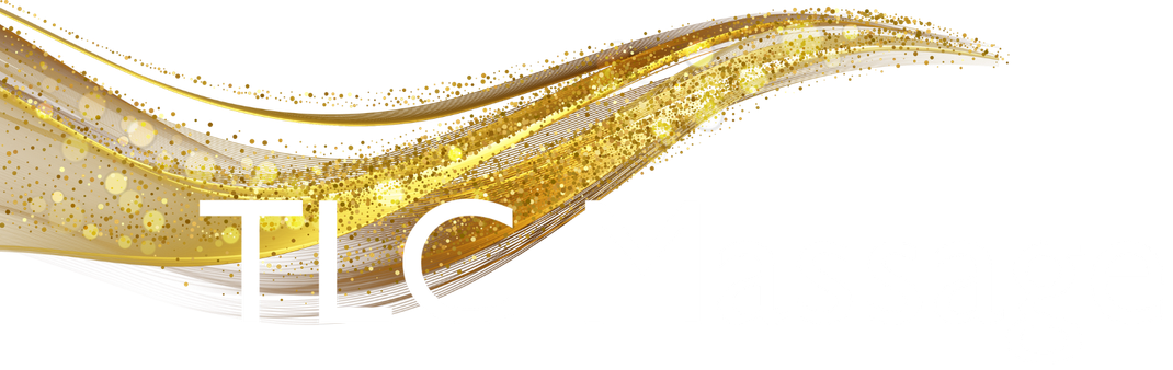 TLC Massage Text Logo with Golden Sparkly Swirl Graphic in the background