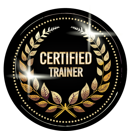 A black circle with gold leaves and the words certified trainer on it.