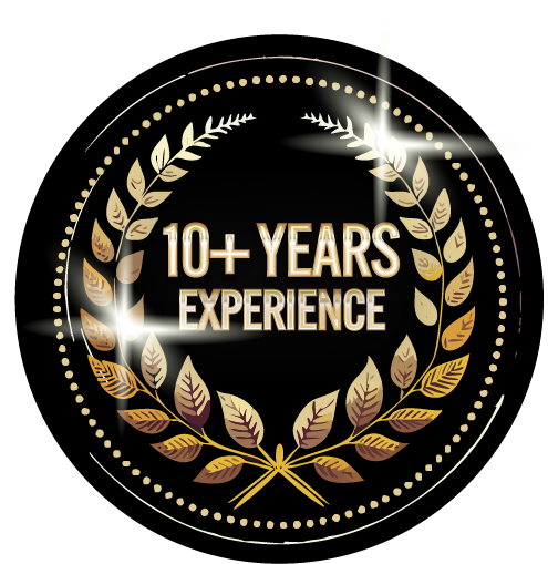 A black circle with gold leaves and the words `` 10 + years experience '' written on it.