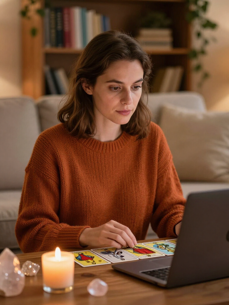 Una persona con un suéter naranja mira una computadora portátil mientras coloca cartas del tarot sobre un escritorio.
