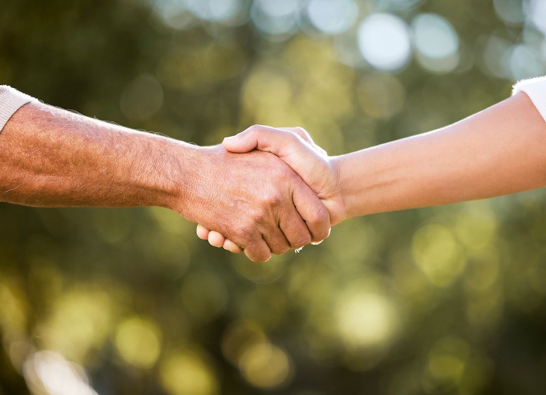 A man and a woman are shaking hands in a park.