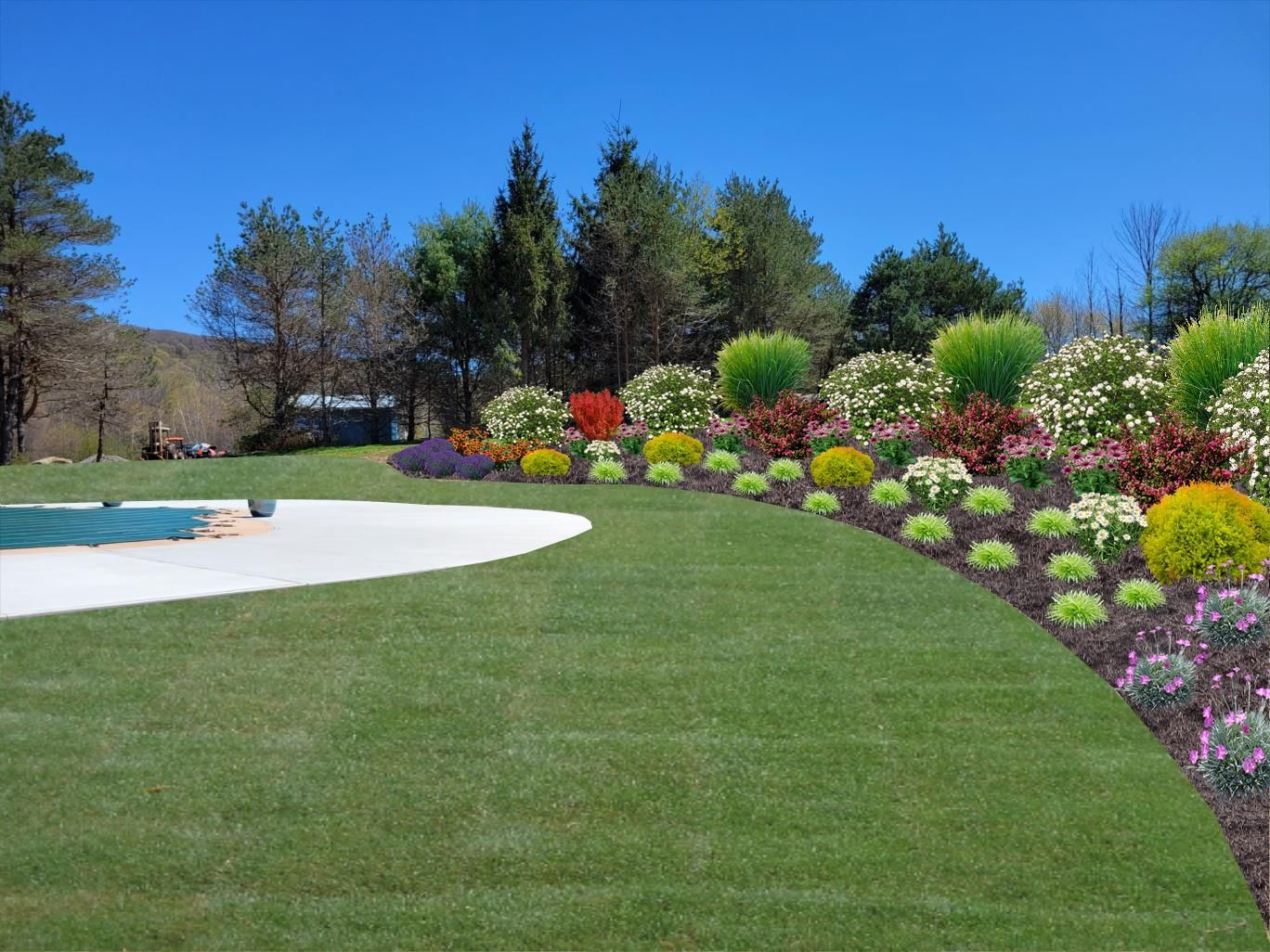 A lush green lawn with a swimming pool in the background