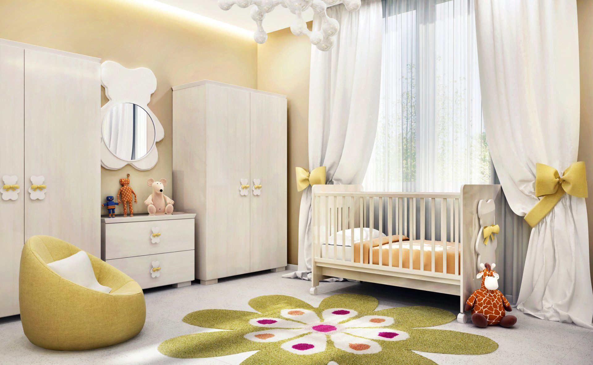child's bedroom with floral print carpet crib and chair