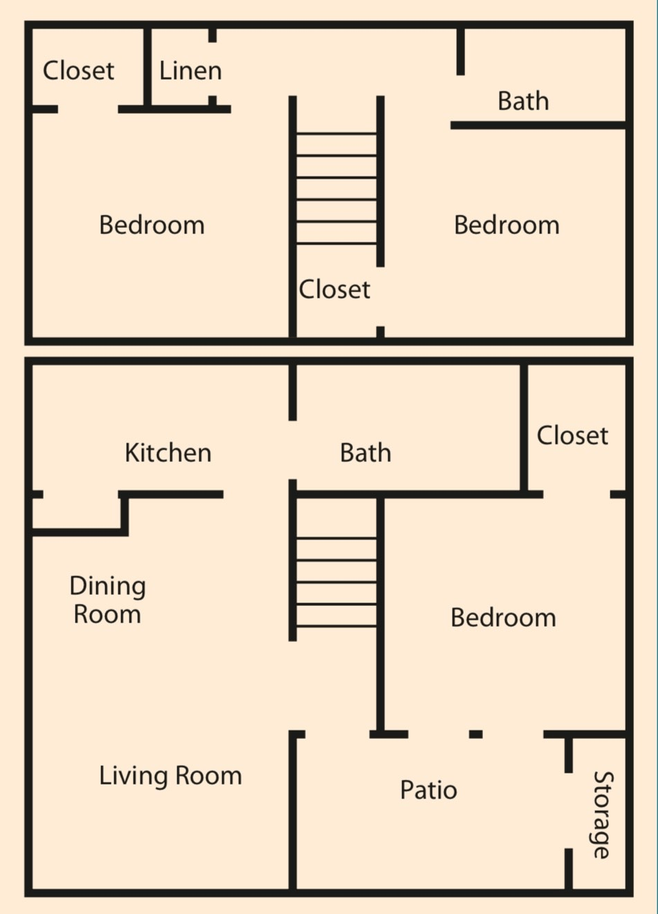 A floor plan of a house with bedrooms , bathrooms , closets , and stairs.