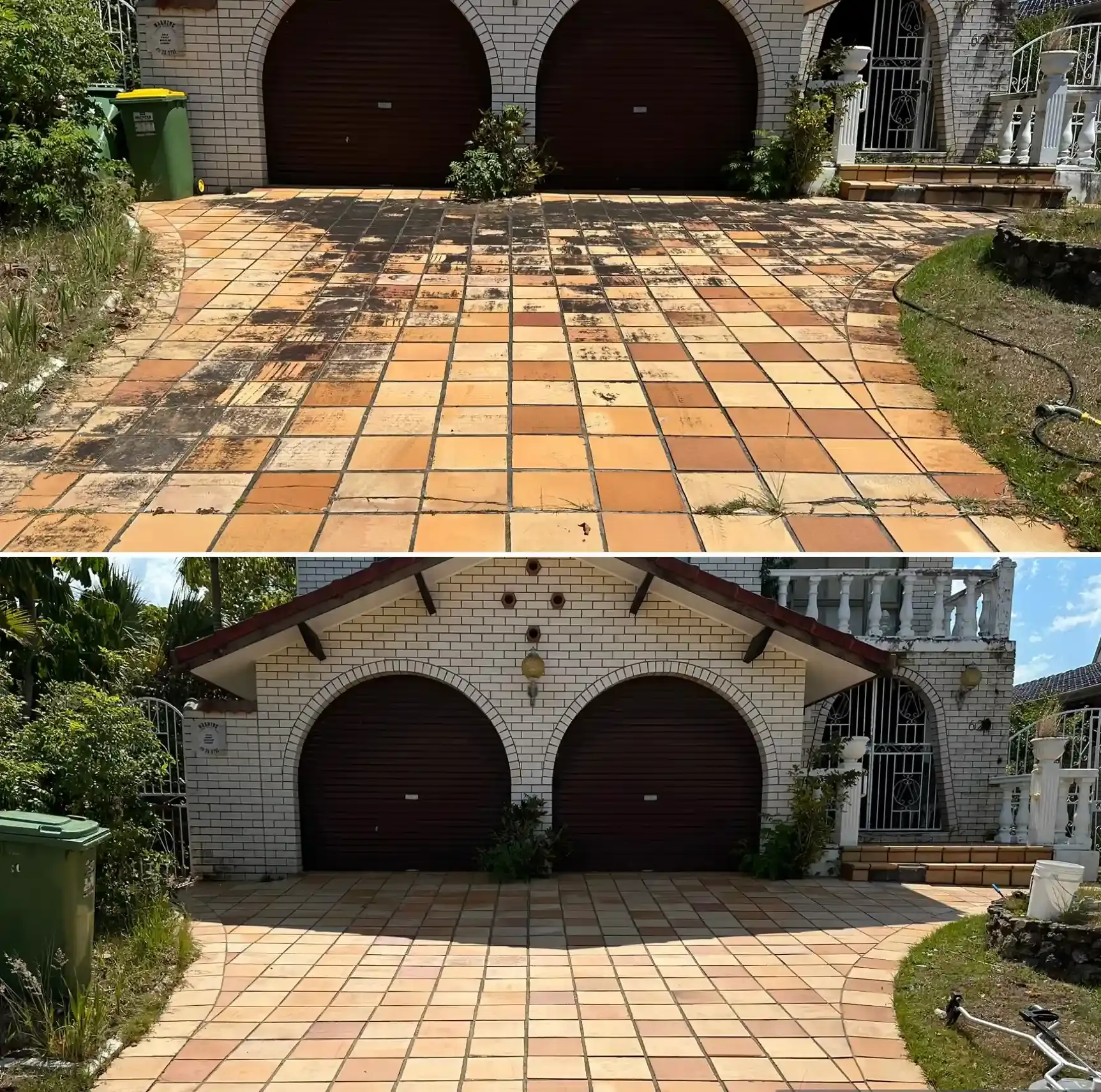 Before and after driveway tile cleaning Carindale Brisbane — algae and black staining removed by Washing Master pressure washing