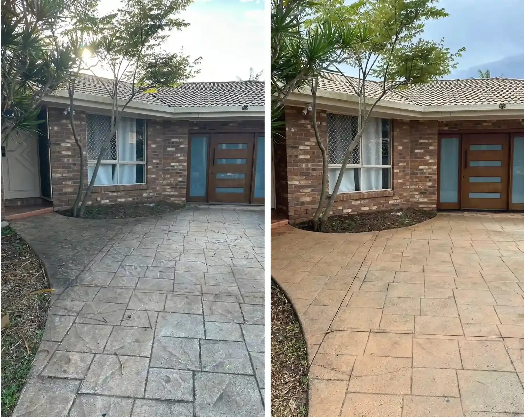 Before and after stamped concrete driveway pressure washing Kuraby Brisbane — dark organic staining fully removed