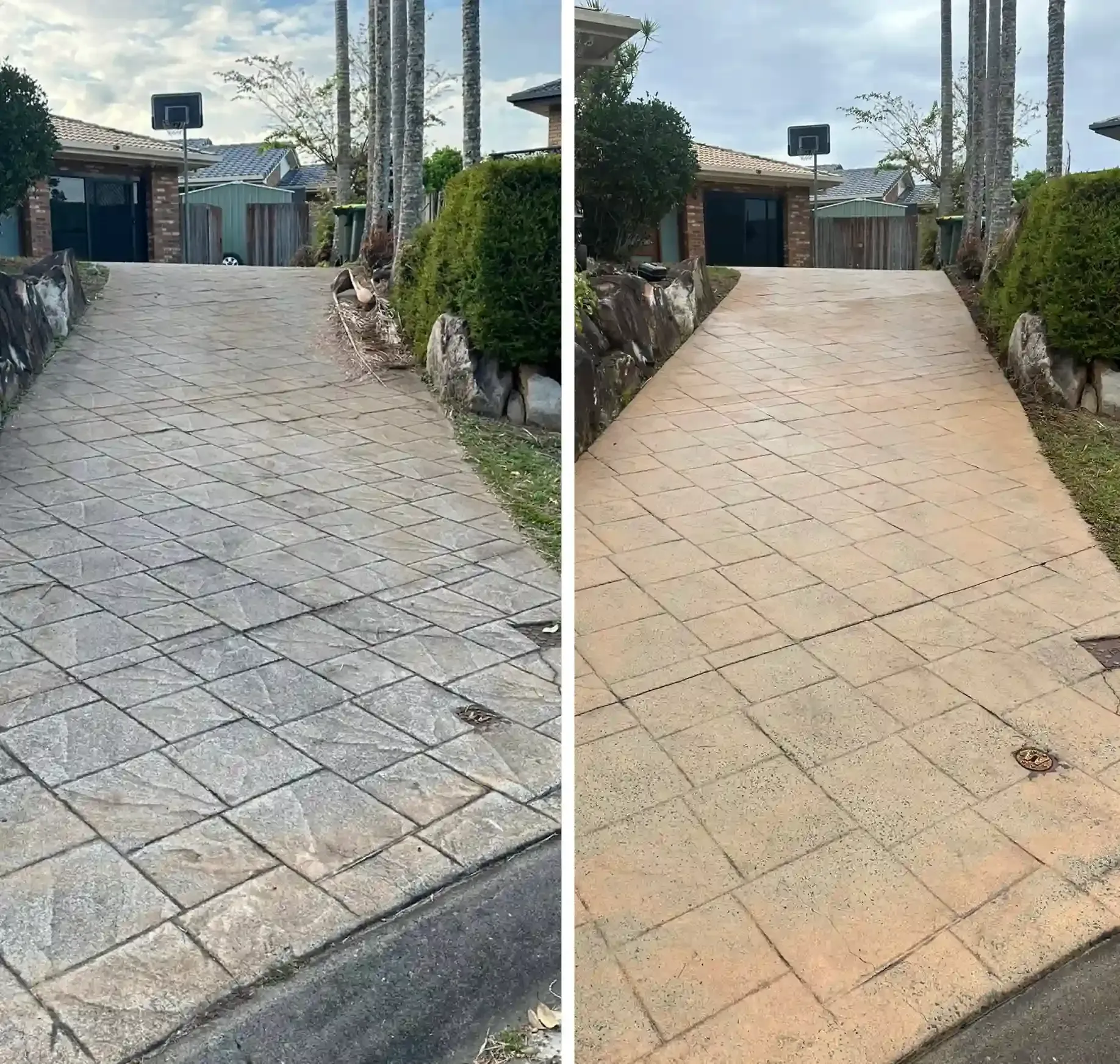 Before and after concrete driveway cleaning Kuraby Brisbane — mould and staining removed by Washing Master