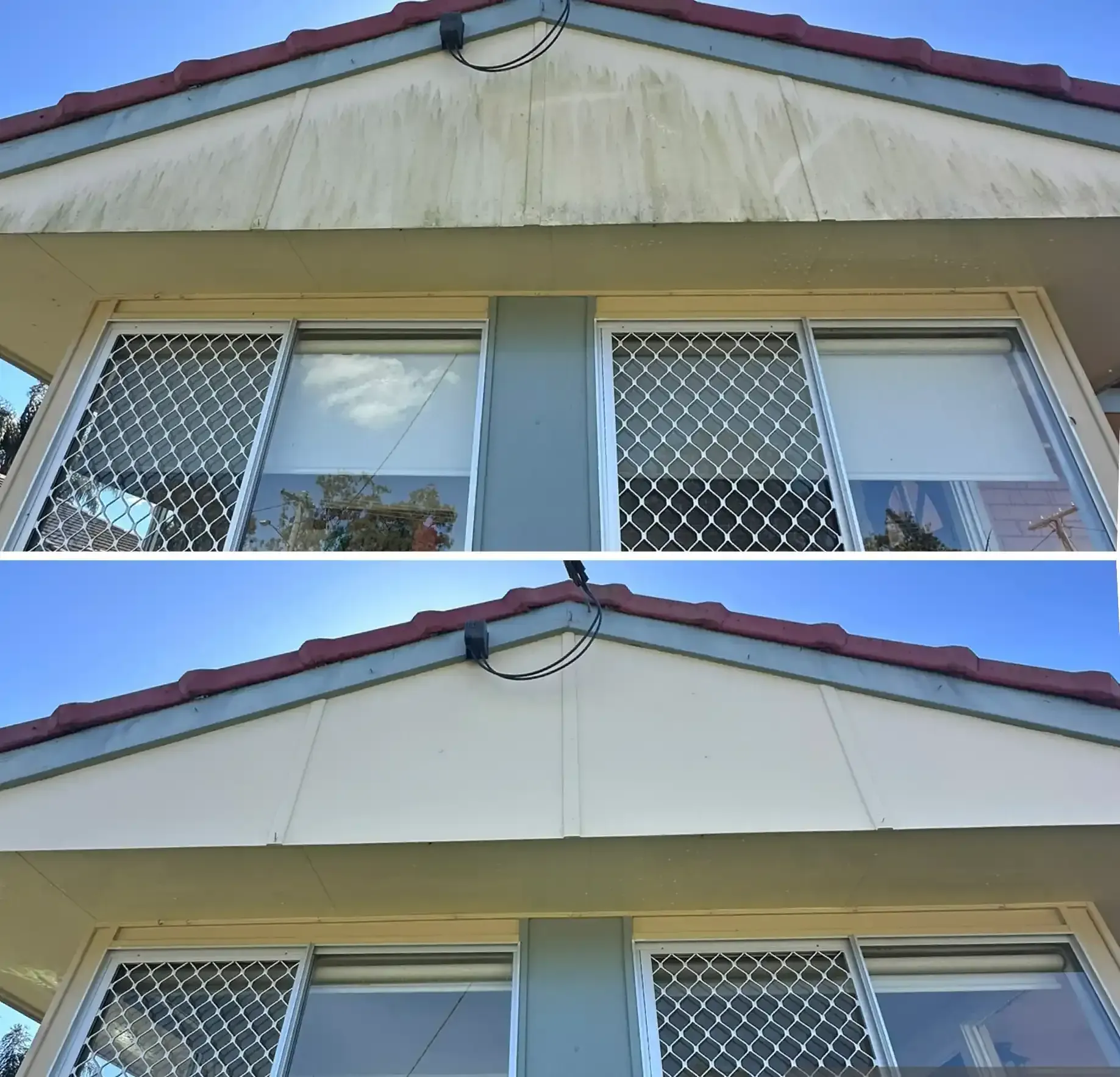 Before and after exterior house washing Mount Gravatt Brisbane — gable end mould and algae streaks fully cleaned by Washing Master