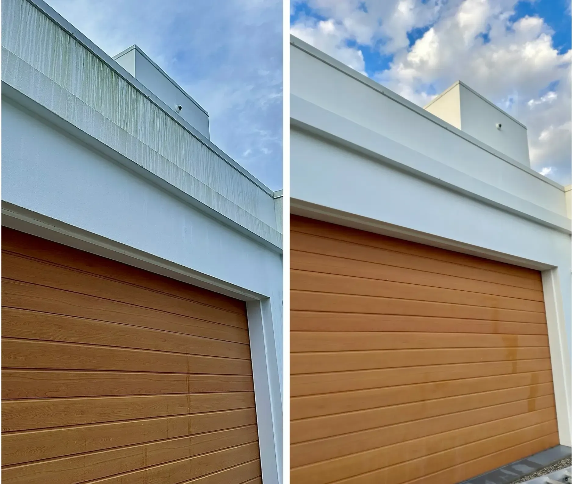 Before and after house washing Carindale Brisbane — mould and algae streaks removed from rendered exterior walls by soft washing