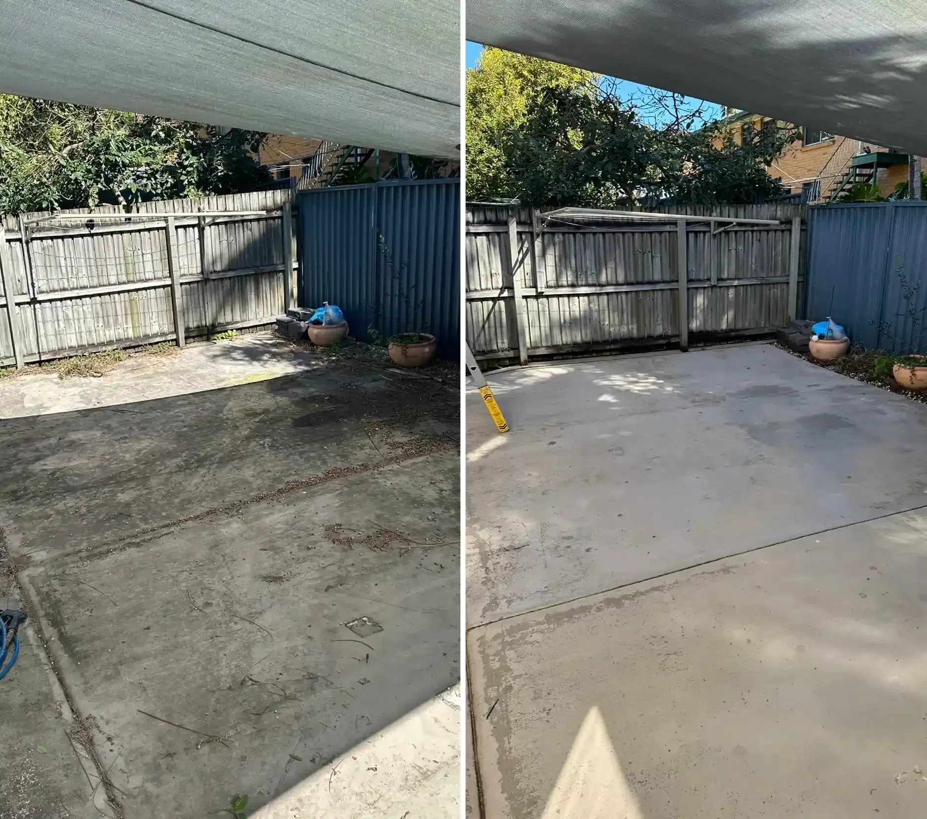 Before and after concrete patio pressure washing Camp Hill Brisbane — years of grime and staining removed