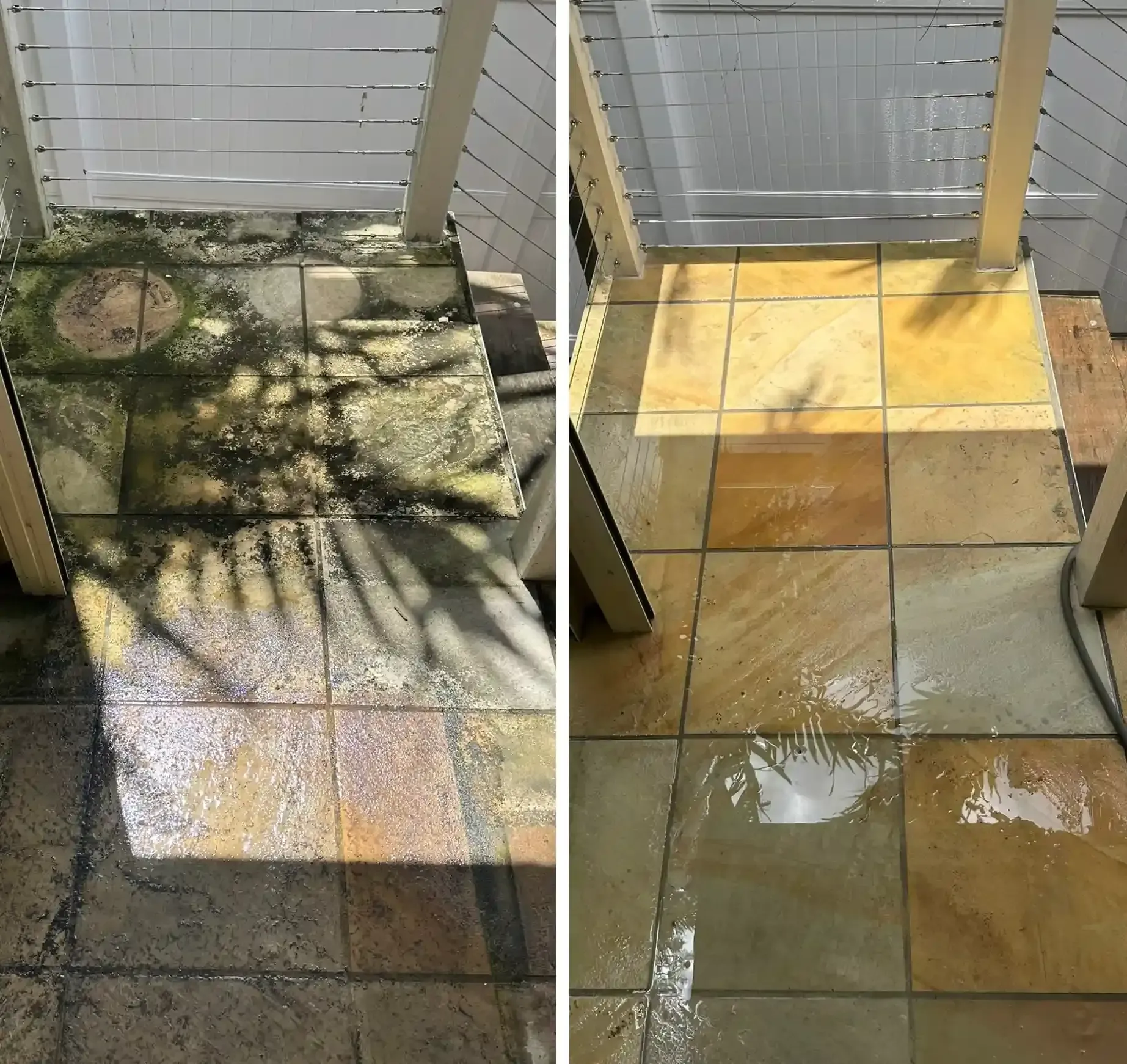 Before and after patio tile cleaning Hawthorne Brisbane — black mould and algae fully removed from outdoor tiles by Washing Master