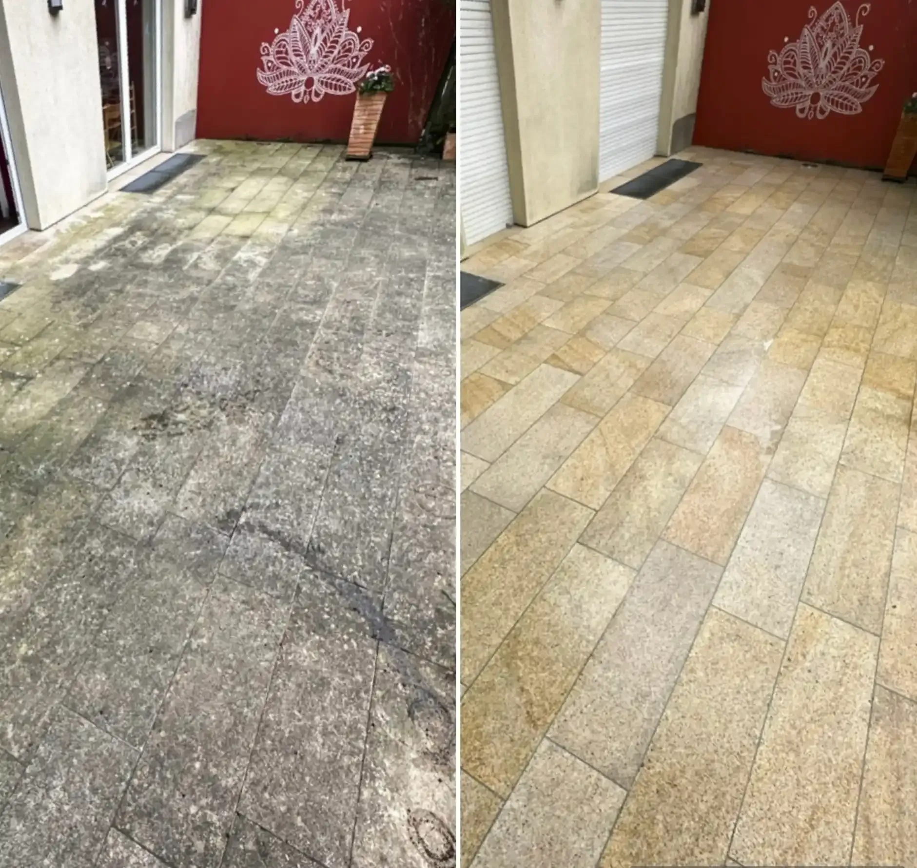 Before and after patio stone tile cleaning Mount Gravatt Brisbane — black staining and dirt removed from outdoor pavers