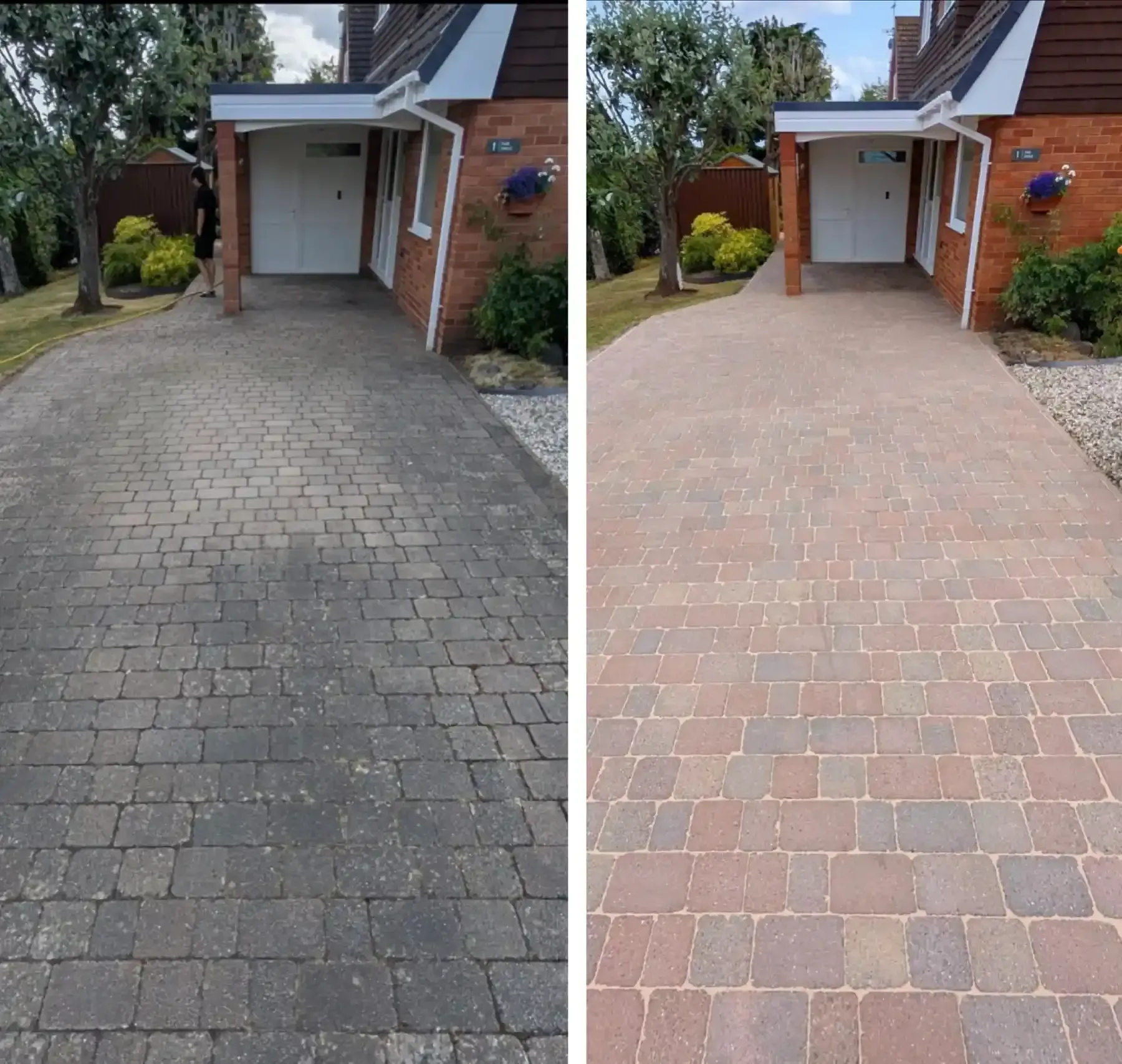 Before and after cobblestone driveway pressure washing Tarragindi Brisbane — algae and dark staining removed from pavers by Washing Master