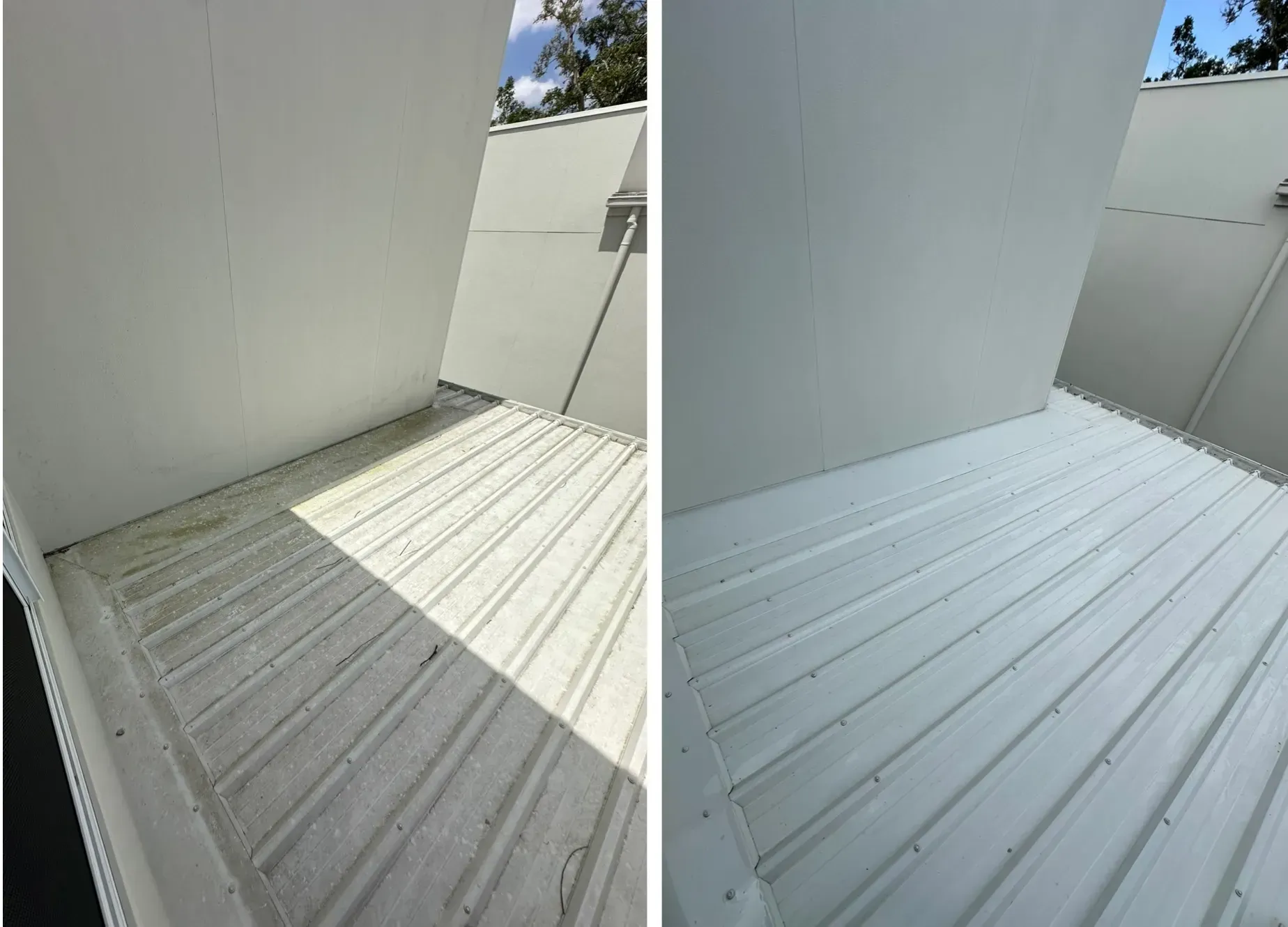 Before and after metal roof cleaning Carindale Brisbane — algae and organic growth removed using soft washing by Washing Master