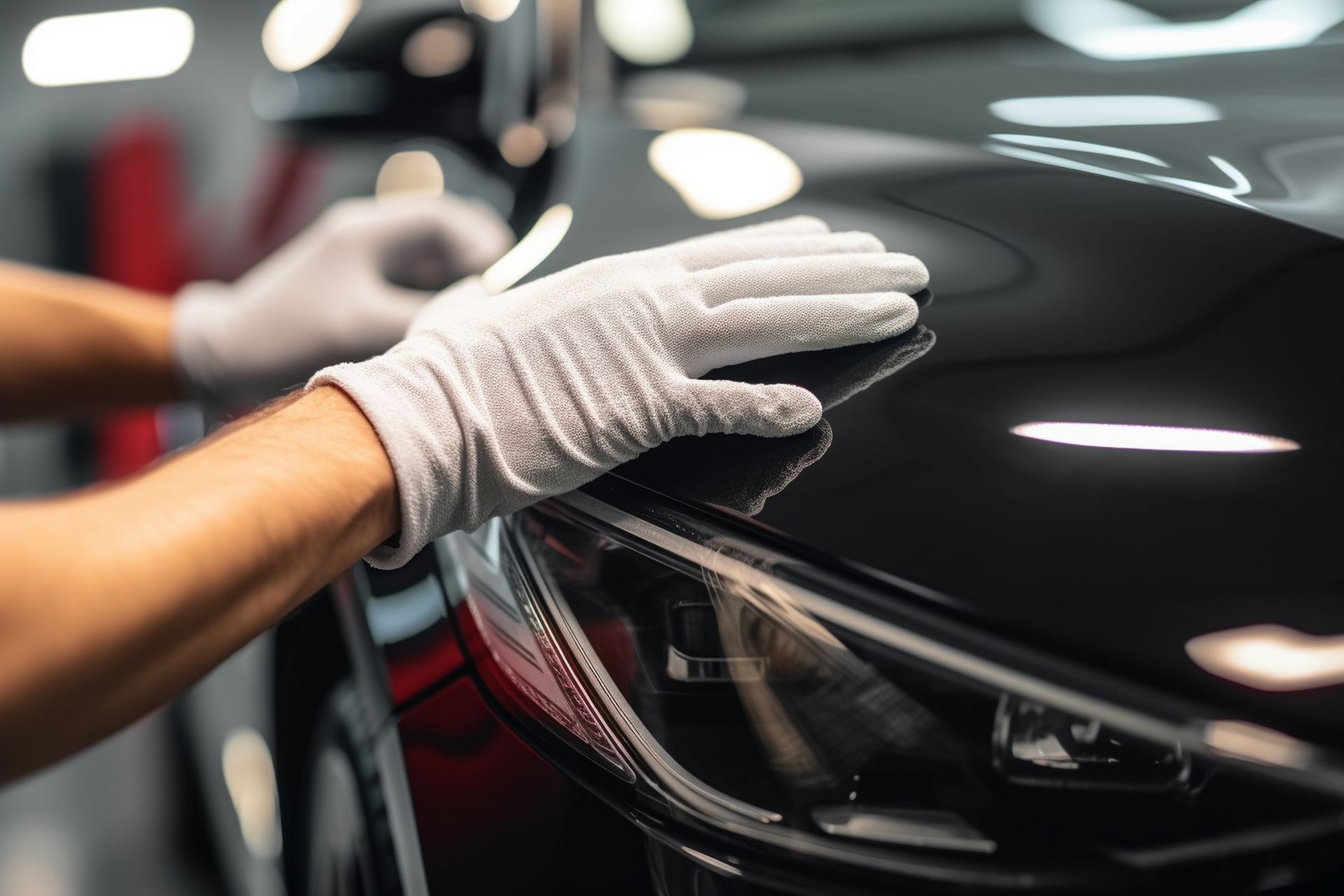 A person wearing gloves is polishing the hood of a car.