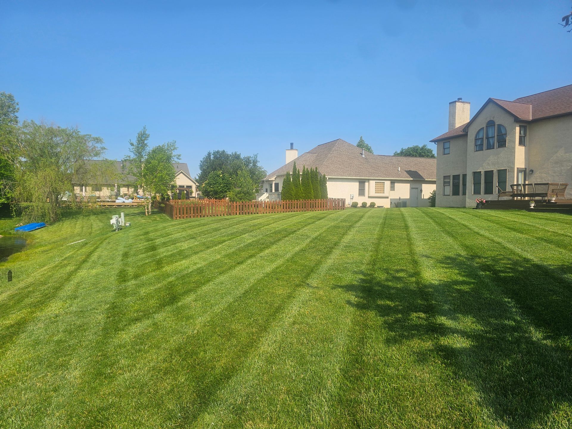 Lawn mowed in straight lines with large houses in the background under a clear blue sky.