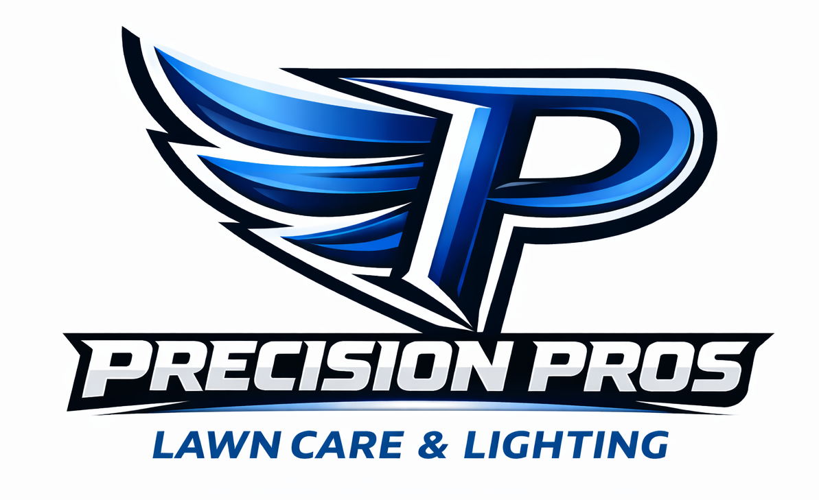 Logo for Precision Pros: Blue winged "P" over text, "Precision Pros, Lawn Care & Lighting".