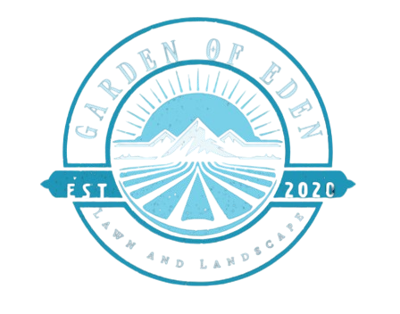 Logo for "Garden of Eden" lawn and landscape, blue and white, featuring mountains and fields with sunburst.