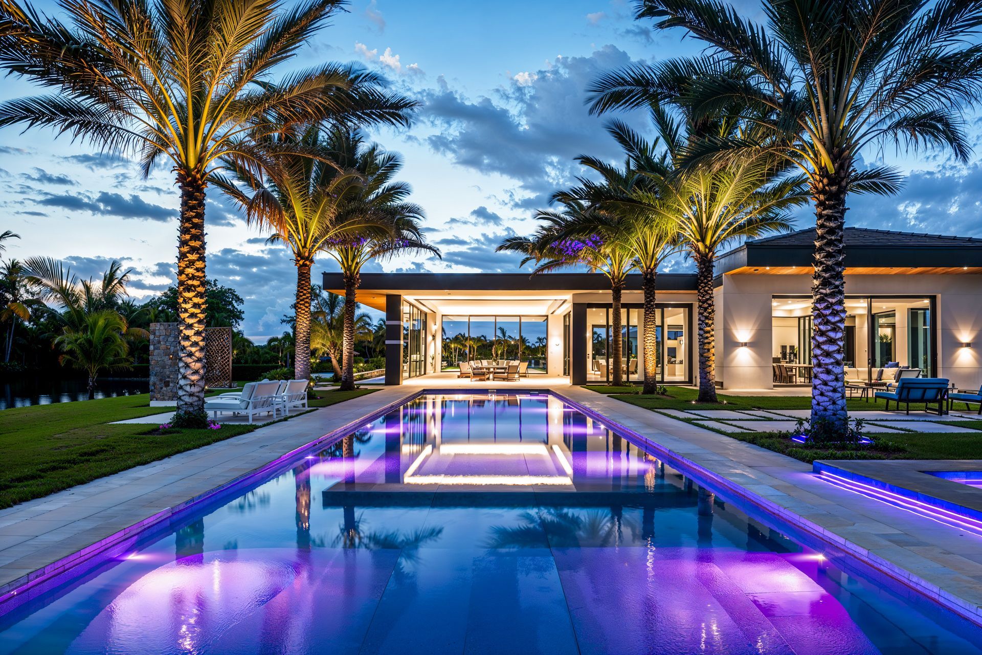 Modern luxury home with palm trees and a glowing purple-lit pool at dusk