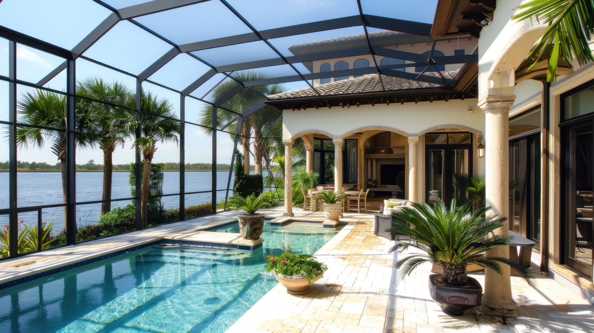 Sunlit screened patio with a pool, lounge chairs, potted plants, and a lake view