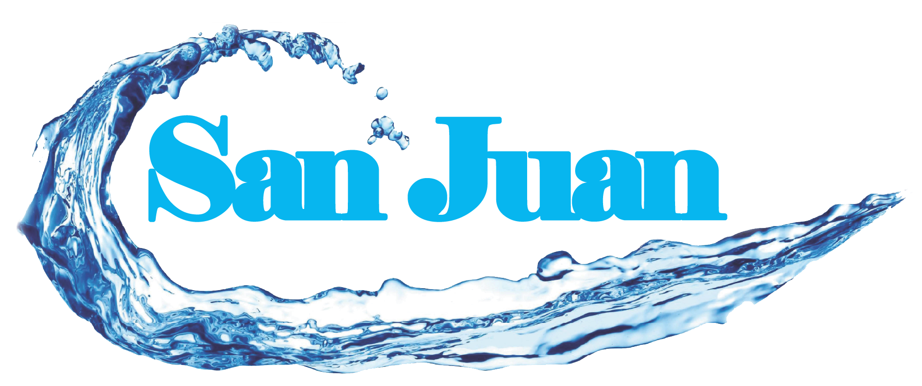 San Juan Custom Pools & Spas logo with blue water splash graphics