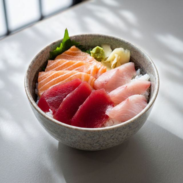 Bowl of assorted sashimi on rice with wasabi, lit by soft window light