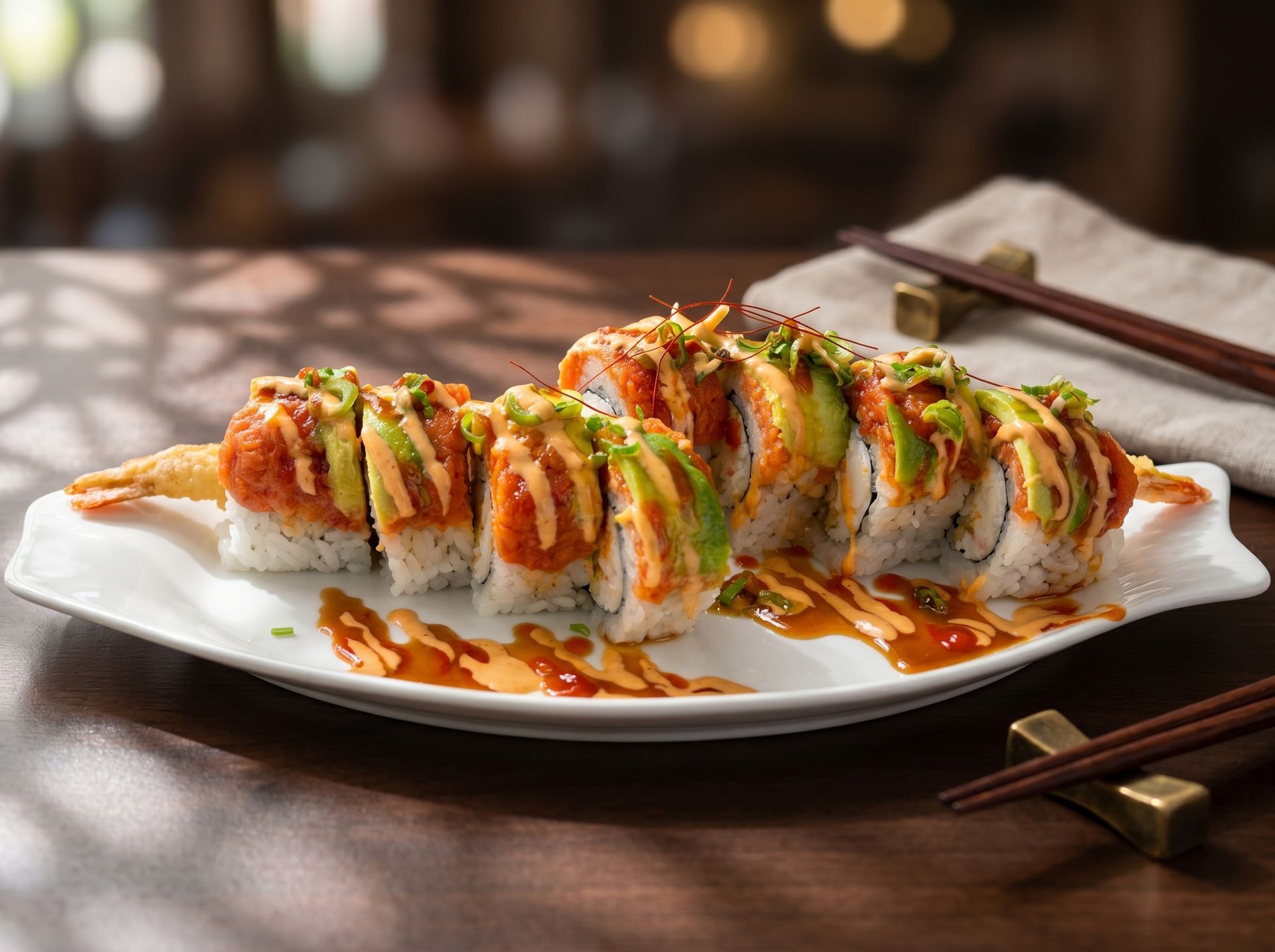 Sushi roll slices topped with sauce and green garnish on a white plate with chopsticks