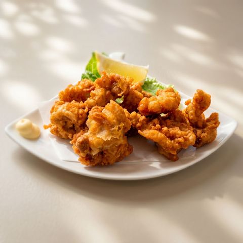 Plate of crispy fried chicken pieces with lemon wedge and dipping sauce on a white plate