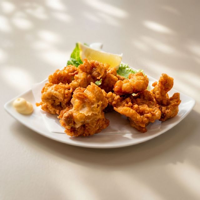 Plate of crispy fried chicken pieces with lemon wedge and dipping sauce on a white plate