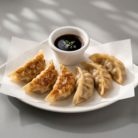 Plate of gyoza dumplings with soy sauce dipping cup on a white dish