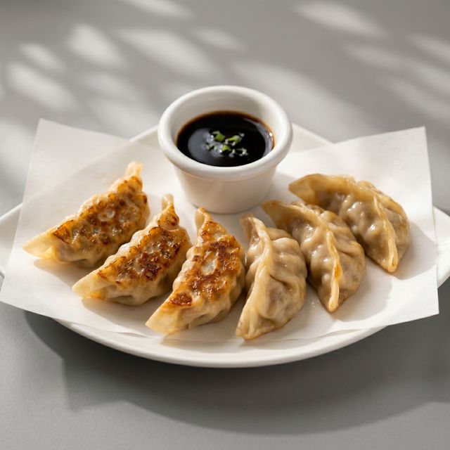 Plate of gyoza dumplings with soy sauce dipping cup on a white dish