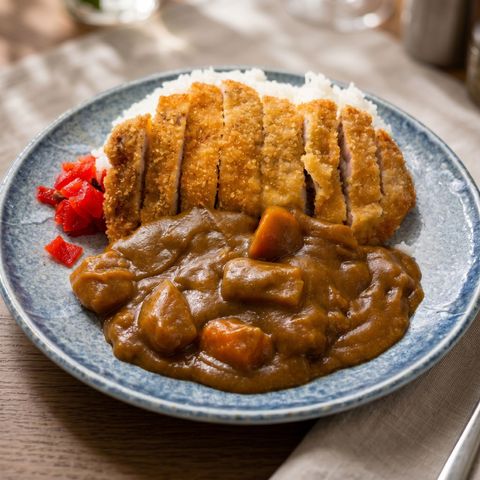 Plate of breaded cutlet with curry sauce and rice, topped with red pickled garnish